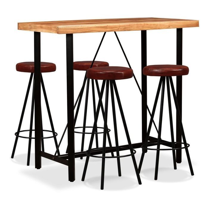 Table de bar bois de Sesham massif et 4 tabourets cuir marron Spani - Photo n°1