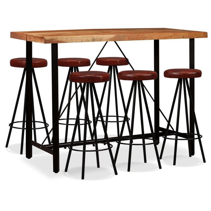 Table de bar bois de Sesham massif et 6 tabourets cuir marron Spani - Photo n°1