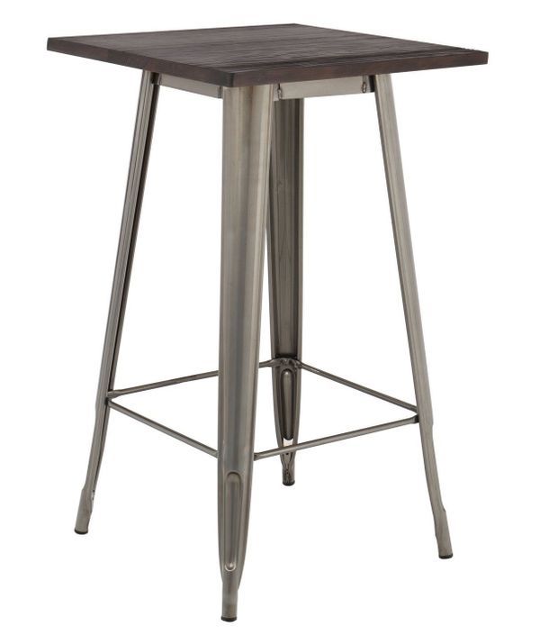 Table de bar carrée acier brossé et plateau pin massif foncé Kontoir 60 cm - Photo n°1