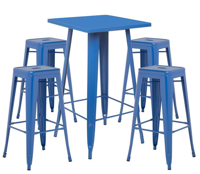 Table de bar carrée bleu brillant et 4 tabourets industriel Pinka - Photo n°1