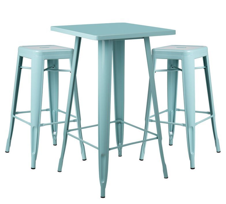 Table de bar carrée bleu pastel brillant et 2 tabourets industriel Pinka - Photo n°1