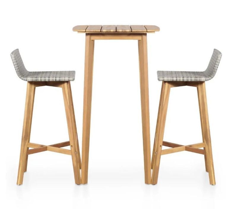 Table de bar carrée et 2 chaises de jardin acacia massif clair et résine tressée gris Vidot - Photo n°3