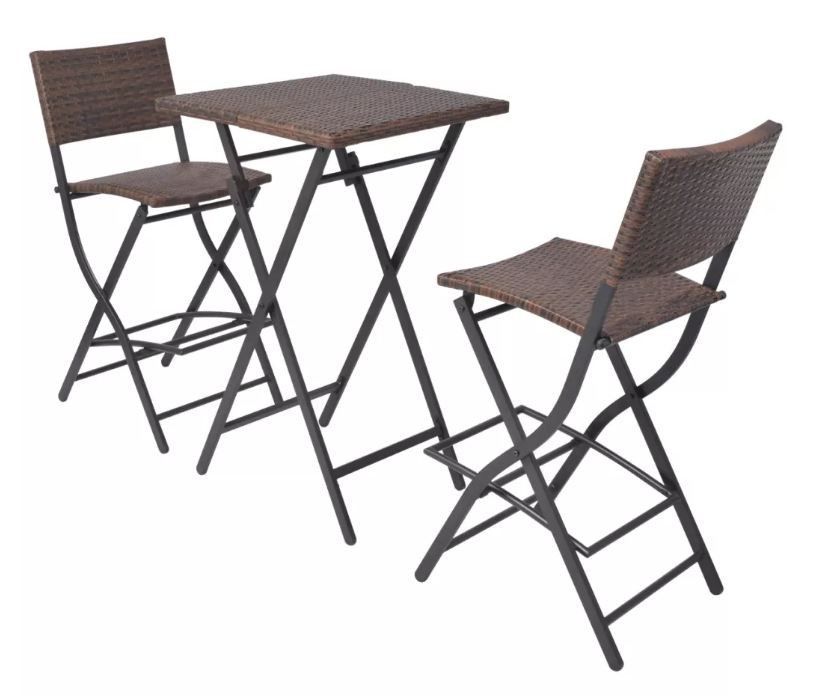 Table de bar carrée et 2 chaises de jardin résine tressée marron Klark - Photo n°1