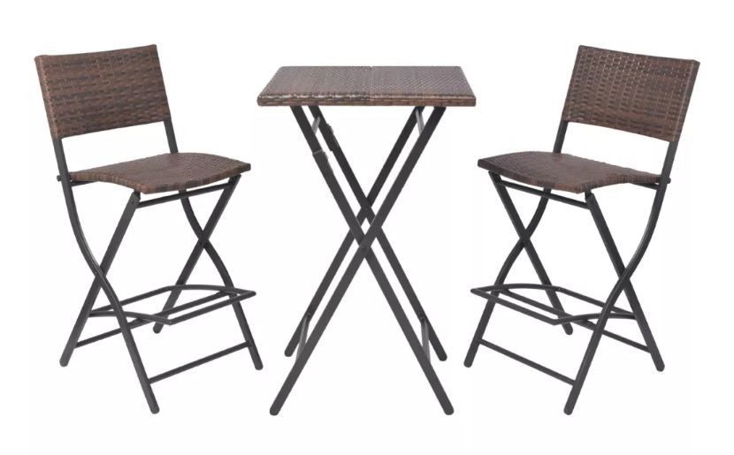 Table de bar carrée et 2 chaises de jardin résine tressée marron Klark - Photo n°3