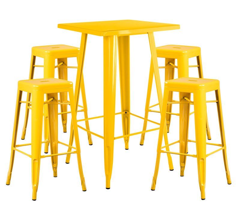 Table de bar carrée jaune brillant et 4 tabourets industriel Pinka - Photo n°1