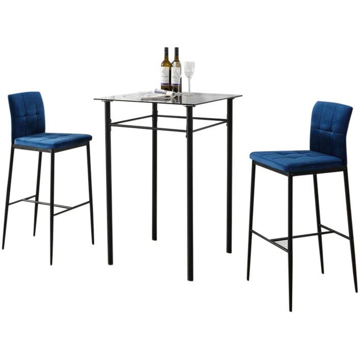Table de bar carrée verre et 2 tabourets velours bleu Lob - Photo n°1