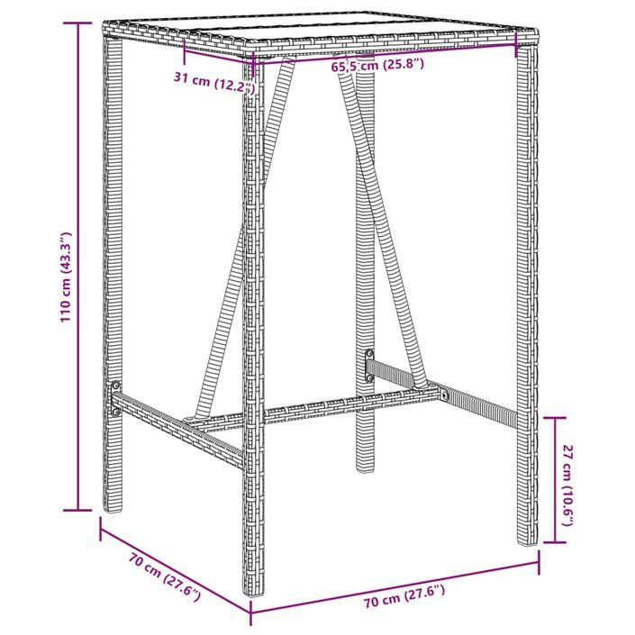 Table de bar d’extérieur gris 70x70x110 cm poly rotin - Photo n°11