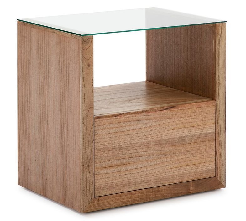 Table de chevet 1 niche 1 tiroir verre et bois massif foncé Kanie - Photo n°1