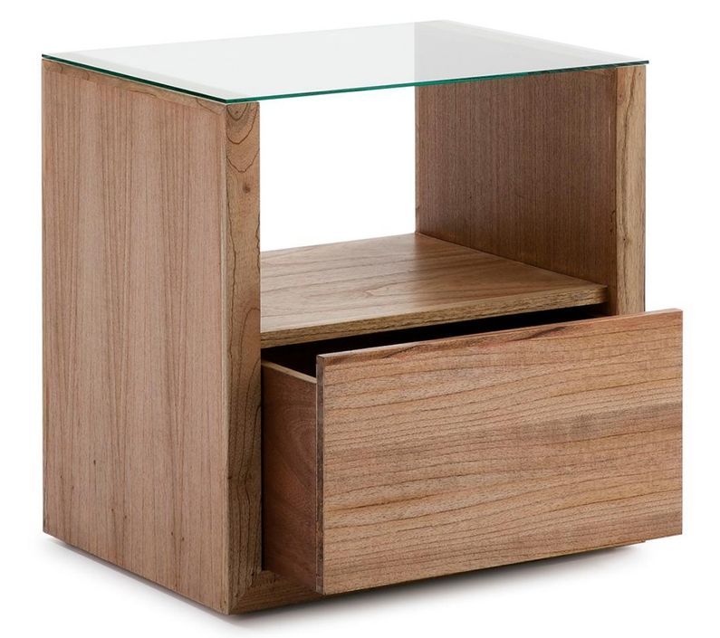 Table de chevet 1 niche 1 tiroir verre et bois massif foncé Kanie - Photo n°2