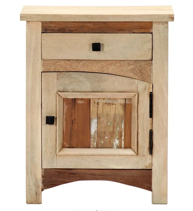 Table de chevet 1 porte 1 tiroir manguier massif clair et bois recyclé Misty - Photo n°6