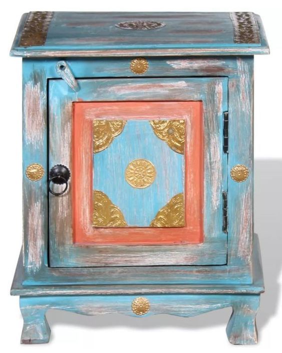 Table de chevet 1 porte oriental manguier massif bleu turquoise Pinkie - Photo n°2