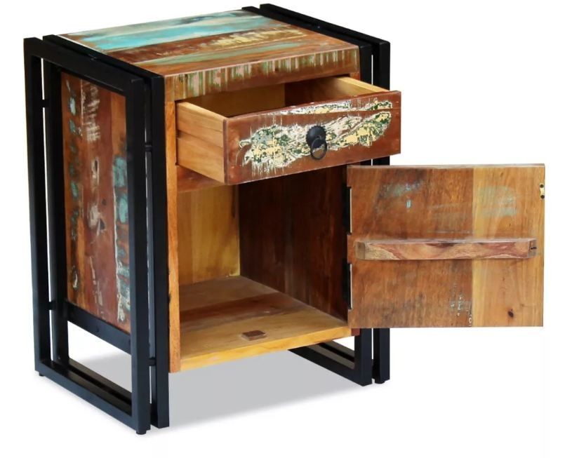 Table de chevet 1 tiroir 1 porte bois massif recyclé et métal noir Boust - Photo n°2