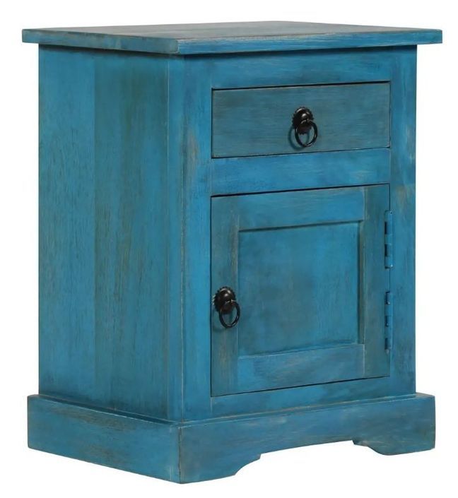 Table de chevet 1 tiroir 1 porte manguier massif bleu Pinkie - Photo n°1