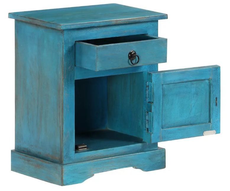 Table de chevet 1 tiroir 1 porte manguier massif bleu Pinkie - Photo n°4