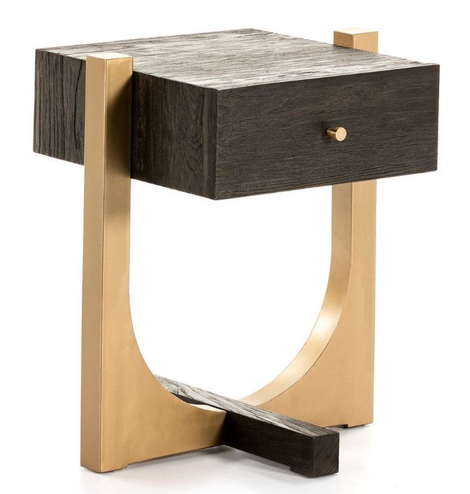 Table de chevet 1 tiroir bois marron foncé et pieds métal doré Sixty - Photo n°1