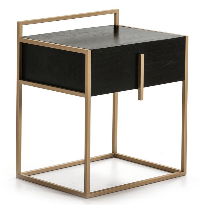 Table de chevet 1 tiroir bois massif noir et métal doré Oslo - Photo n°1