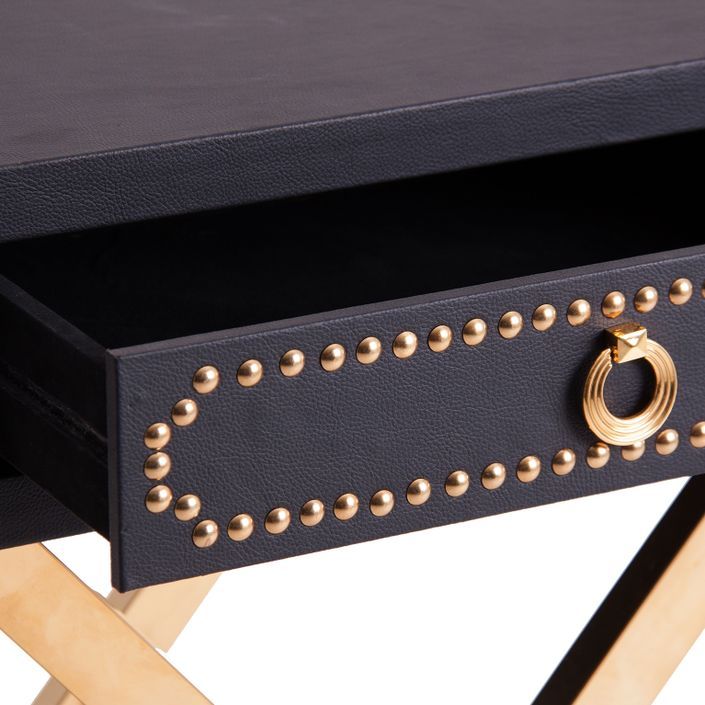 Table de chevet 1 tiroir simili cuir noir et métal doré Lazur - Photo n°3