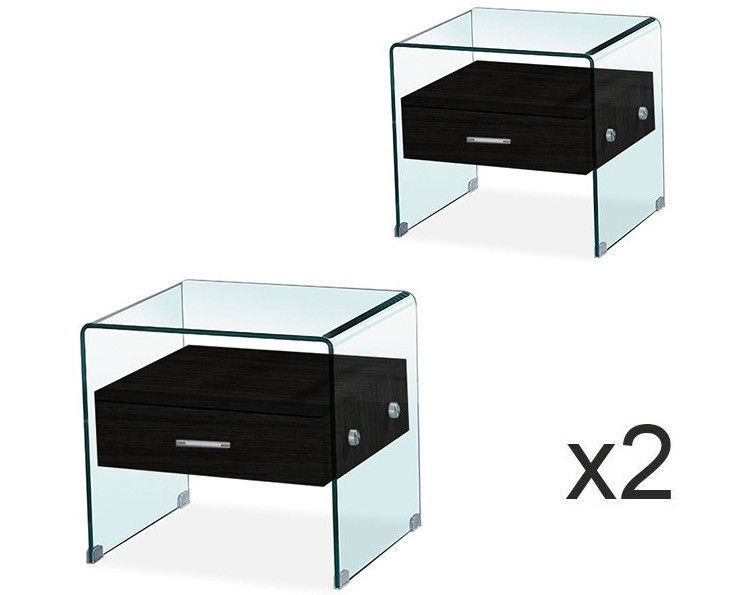 Table de chevet 1 tiroir verre et bois noir Sella - Lot de 2 - Photo n°1
