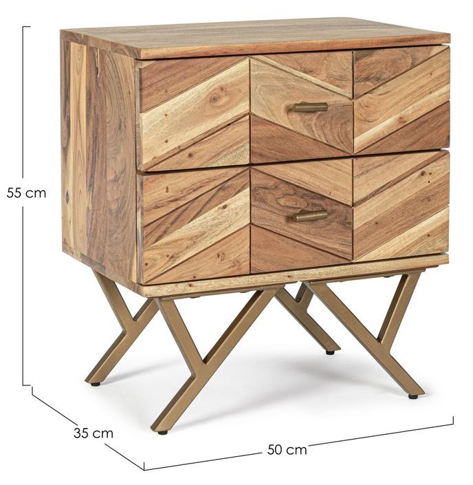 Table de chevet 2 tiroirs bois d'acacia et pieds acier doré mat Dinka 50 cm - Lot de 2 - Photo n°6