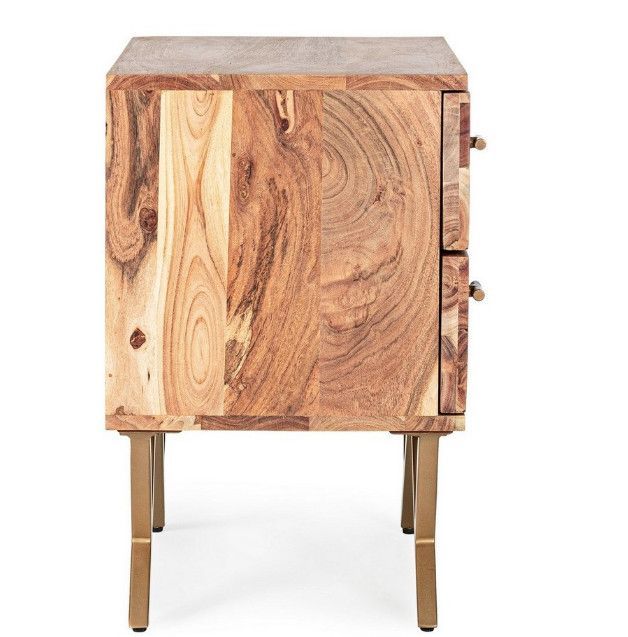 Table de chevet 2 tiroirs bois d'acacia et pieds acier doré mat Dinka 50 cm - Lot de 2 - Photo n°5