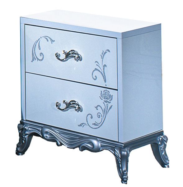 Chevet baroque 2 tiroirs bois laqué blanc et argent Dany 60 cm - Photo n°1
