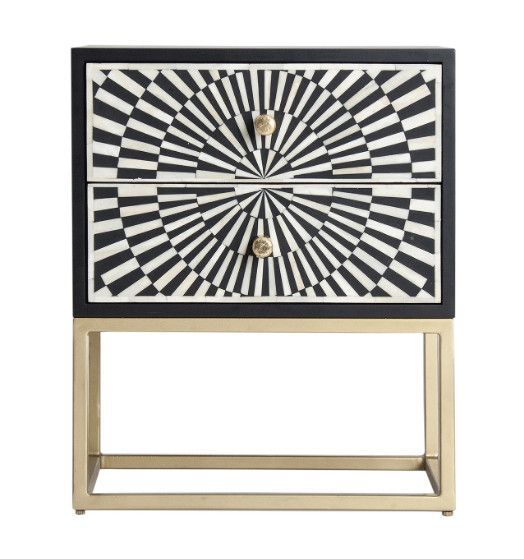 Table de chevet 2 tiroirs bois noir et blanc pieds métal doré Wippi - Photo n°1