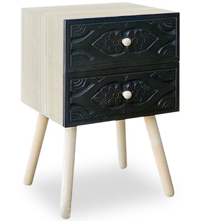 Table de chevet 2 tiroirs noir et pieds bois massif clair Tanaca - Photo n°1