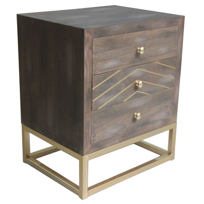 Table de chevet 3 tiroirs chêne foncé et pieds métal doré Nilia - Photo n°2