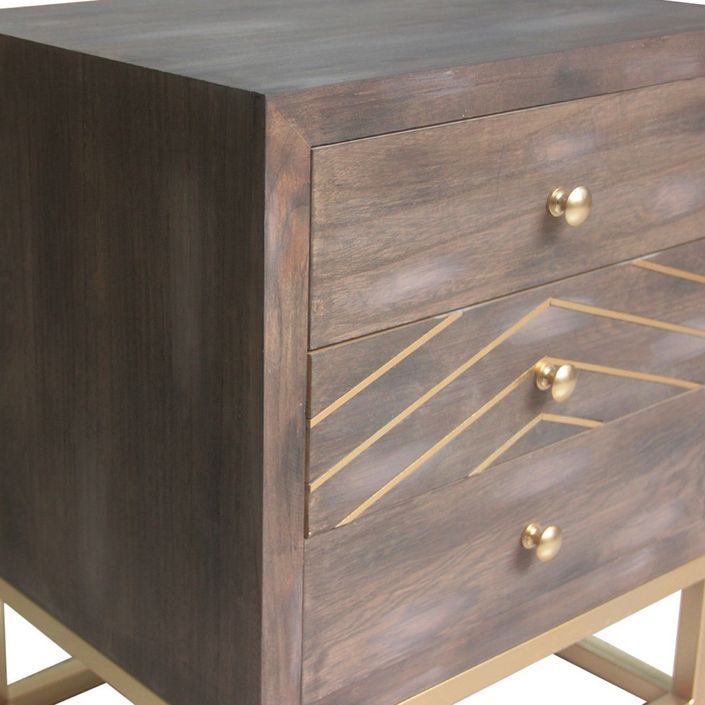 Table de chevet 3 tiroirs chêne foncé et pieds métal doré Nilia - Photo n°4