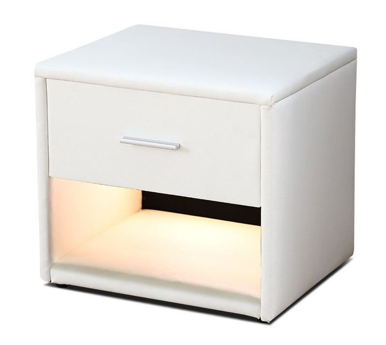 Table de chevet à LED 1 tiroir 1 niche simili cuir blanc Edet - Photo n°1