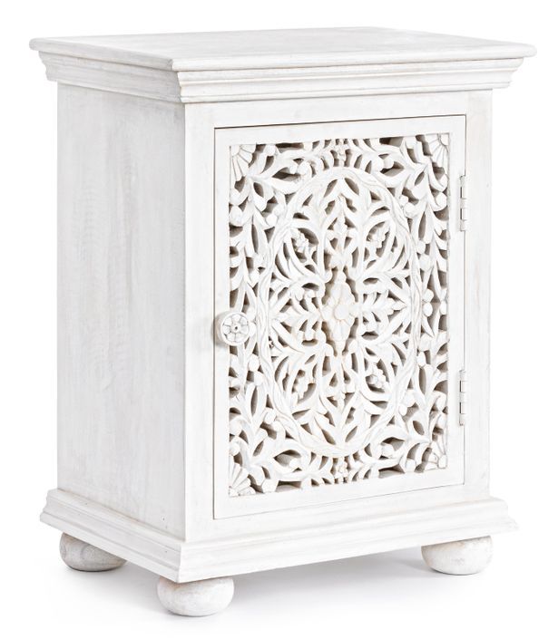 Table de chevet artisanale 1 porte bois massif blanc Nina 50 cm - Photo n°2