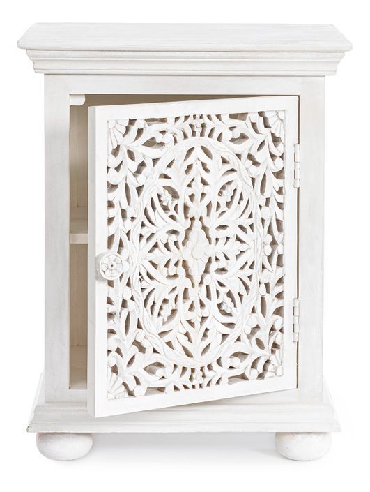 Table de chevet artisanale 1 porte bois massif blanc Nina 50 cm - Photo n°3