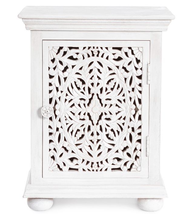 Table de chevet artisanale 1 porte bois massif blanc Nina 50 cm - Photo n°1