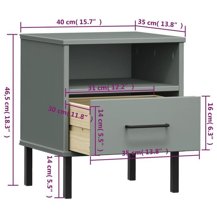 Table de chevet avec pieds en métal Gris Bois pin massif OSLO - Photo n°8