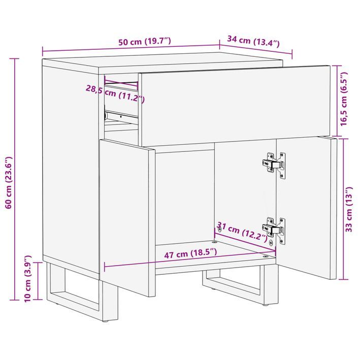 Table de chevet marron 50x34x60 cm bois manguier solide - Photo n°11