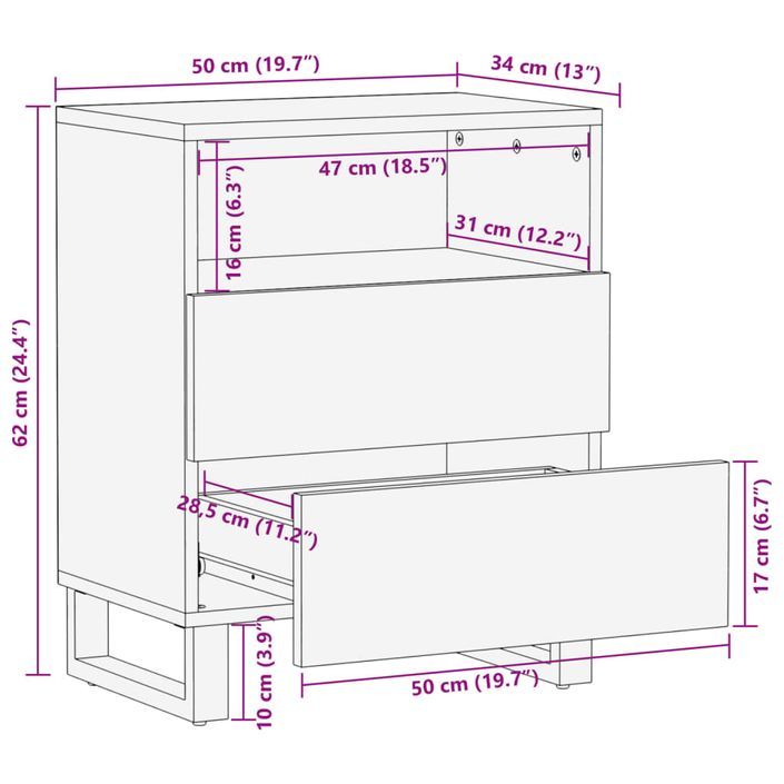 Table de chevet marron 50x34x62 cm bois manguier solide - Photo n°11