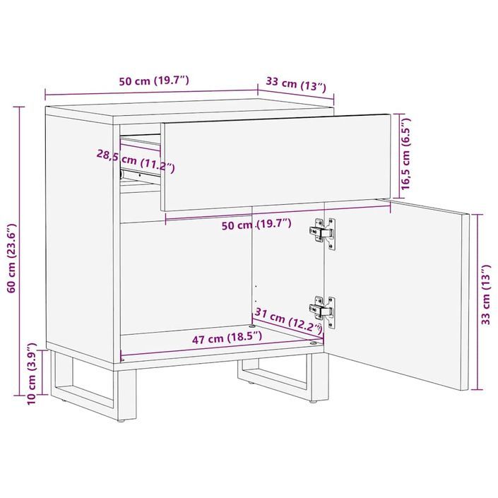 Table de chevet noir 50x33x60 cm bois de manguier massif - Photo n°12