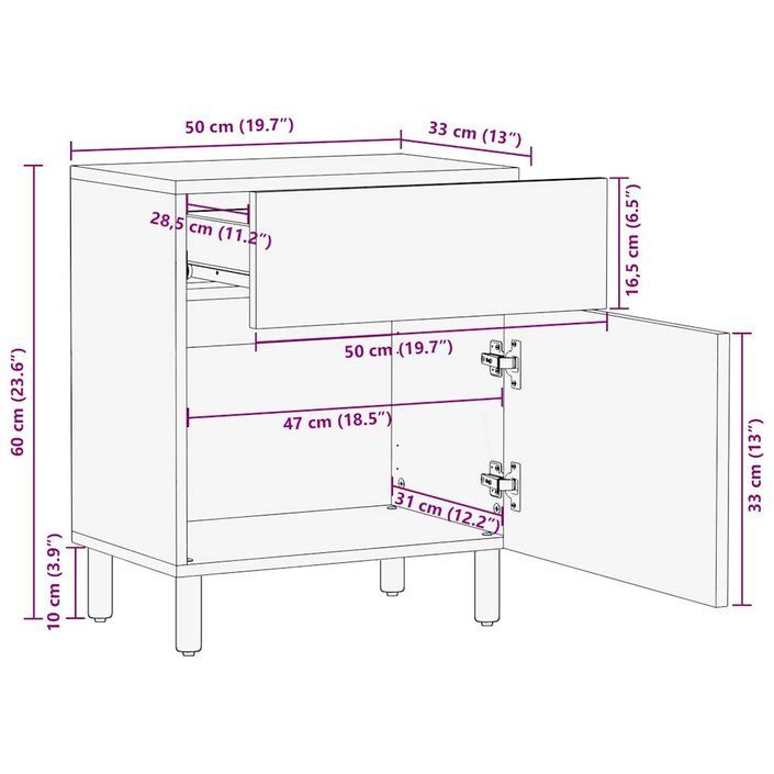 Table de chevet noir 50x33x60 cm bois de manguier massif brut - Photo n°12