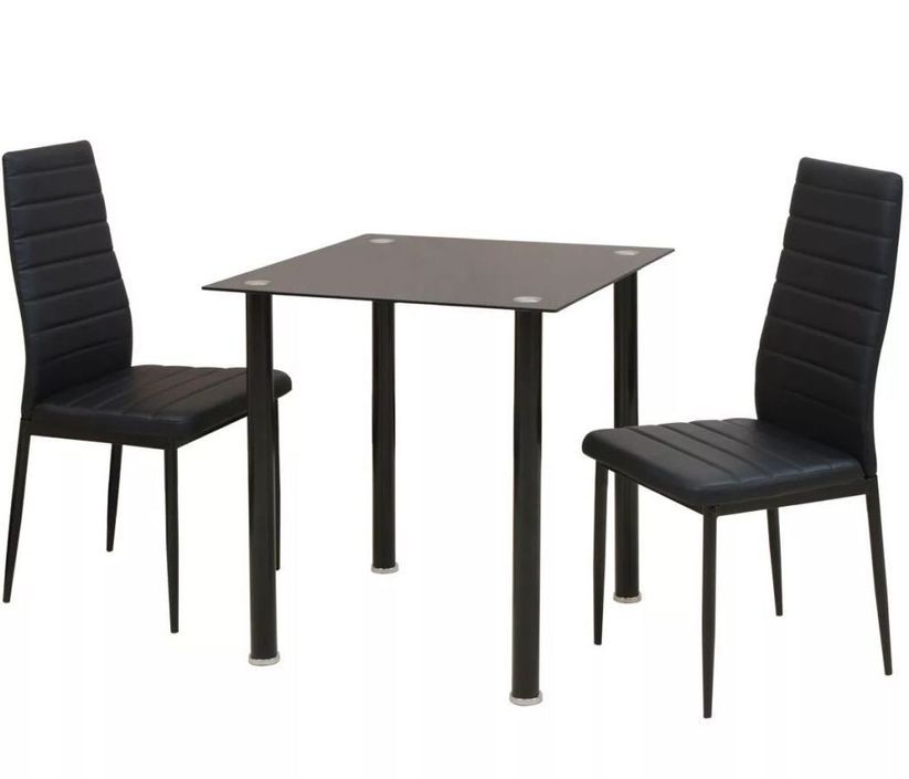 Table de cuisine carré noir verre trempé et 2 chaises simili noir Mulko - Photo n°1