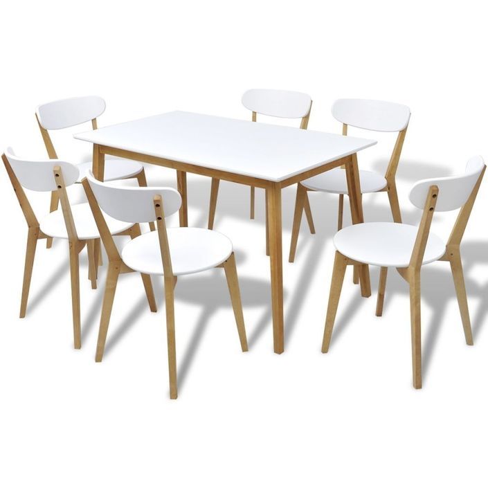 Table de cuisine scandinave rectangulaire et 6 chaises naturel et blanc Domu - Photo n°1