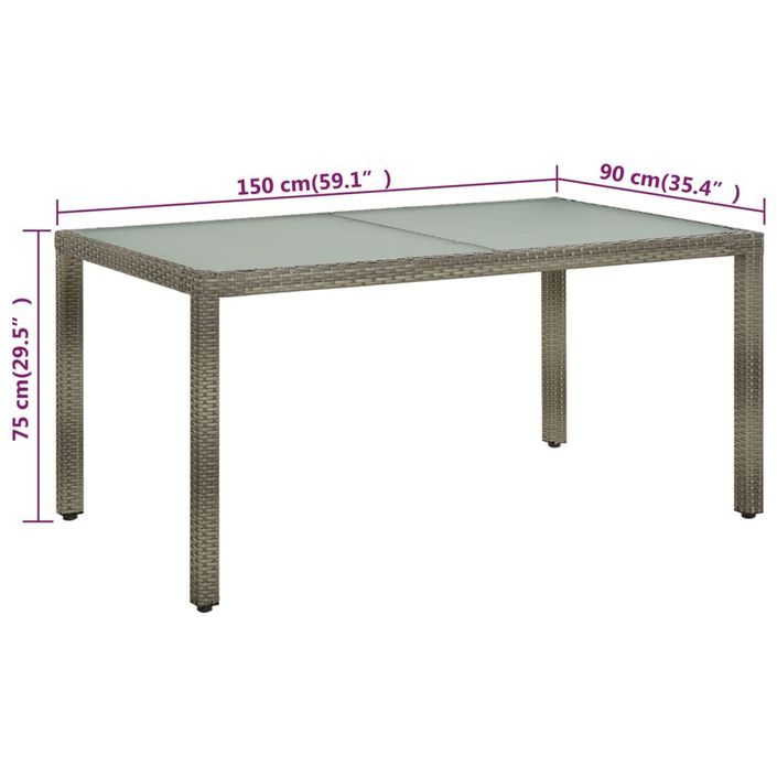 Table de jardin 150x90x75 cm Verre trempé et poly rotin Gris - Photo n°5