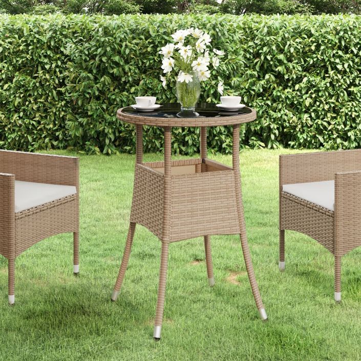 Table de jardin Ø60x75 cm Verre trempé/résine tressée Beige - Photo n°1