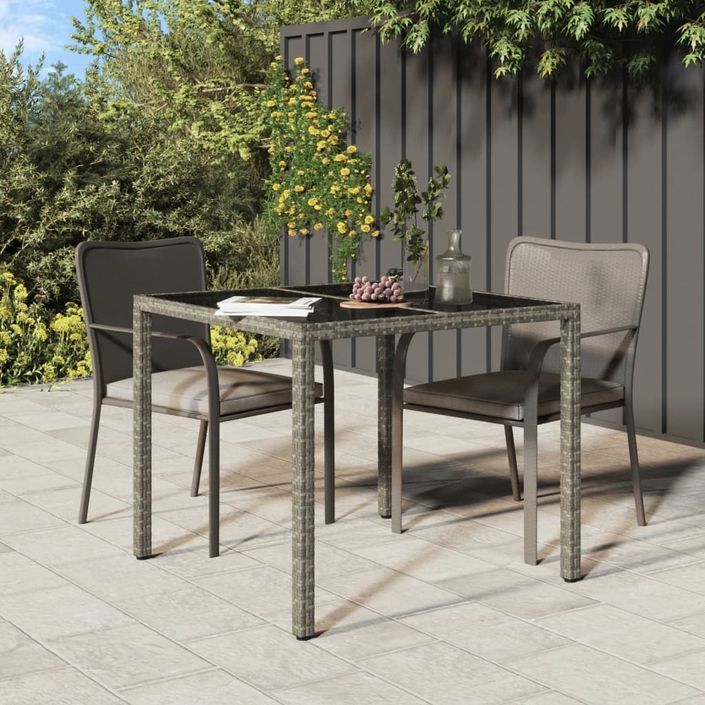 Table de jardin 90x90x75 cm Verre trempé et résine tressée Gris - Photo n°1