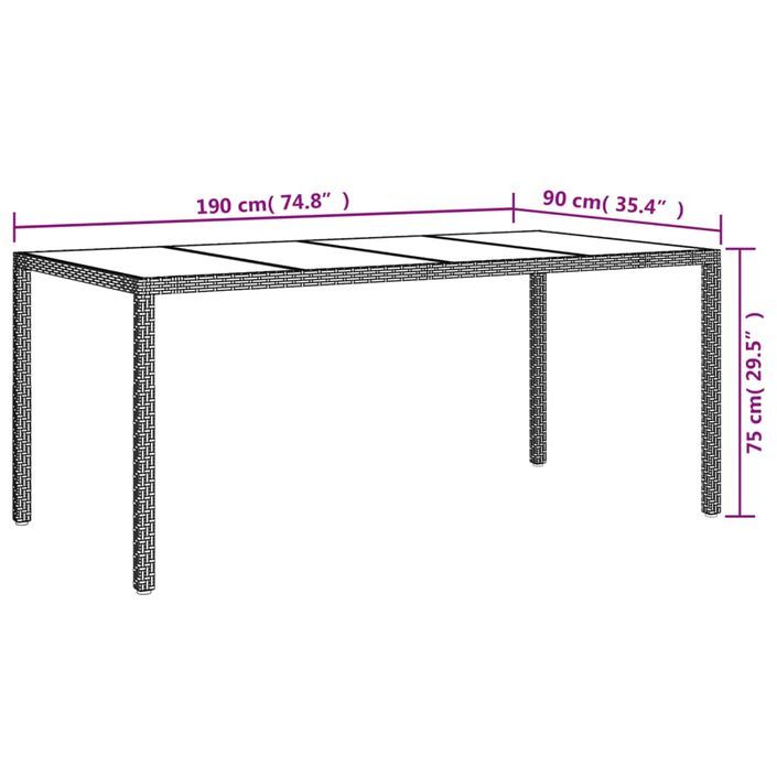 Table de jardin Beige 190x90x75 cm Verre trempé/résine tressée - Photo n°6