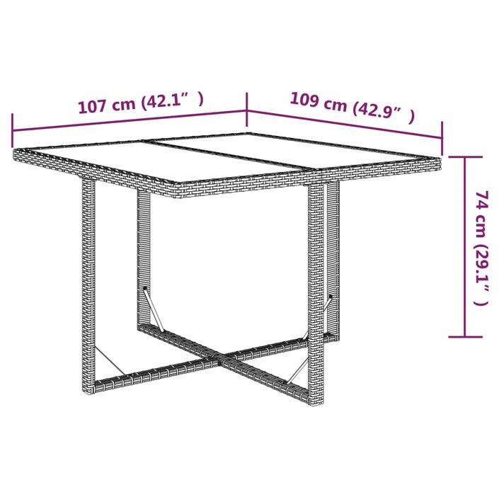 Table de jardin Marron 109x107x74 cm Résine tressée et verre - Photo n°7