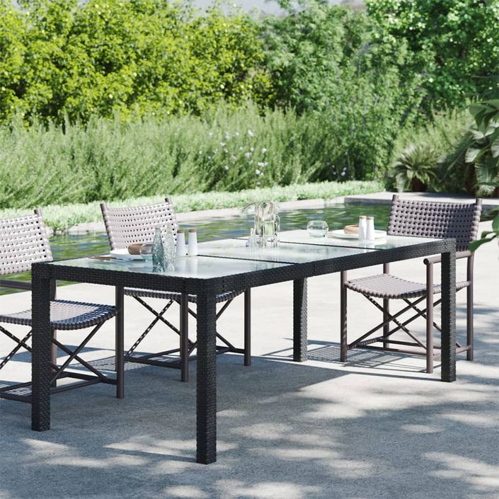 Table de jardin Noir 190x90x75 cm Verre trempé/résine tressée 2 - Photo n°2