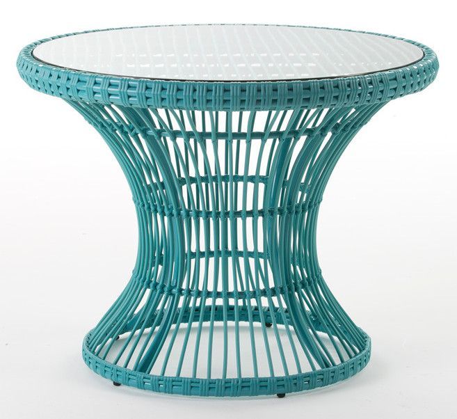 Table de jardin ronde verre et rotin synthétique bleu turquoise Miti - Photo n°1