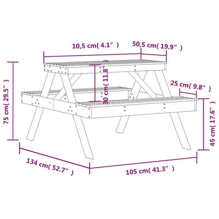 Table de pique-nique 105x134x75 cm bois de pin imprégné - Photo n°9