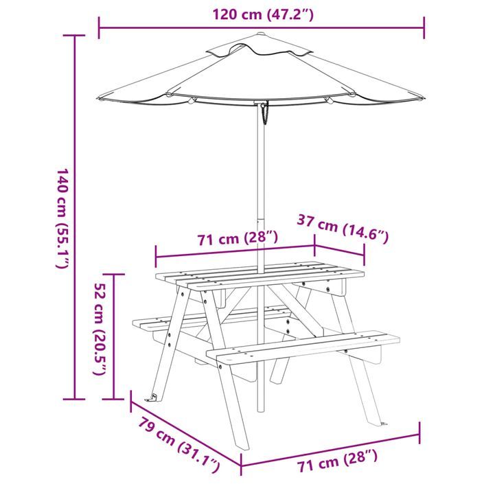 Table de pique-nique pour 4 enfants avec parasol bois de sapin - Photo n°11