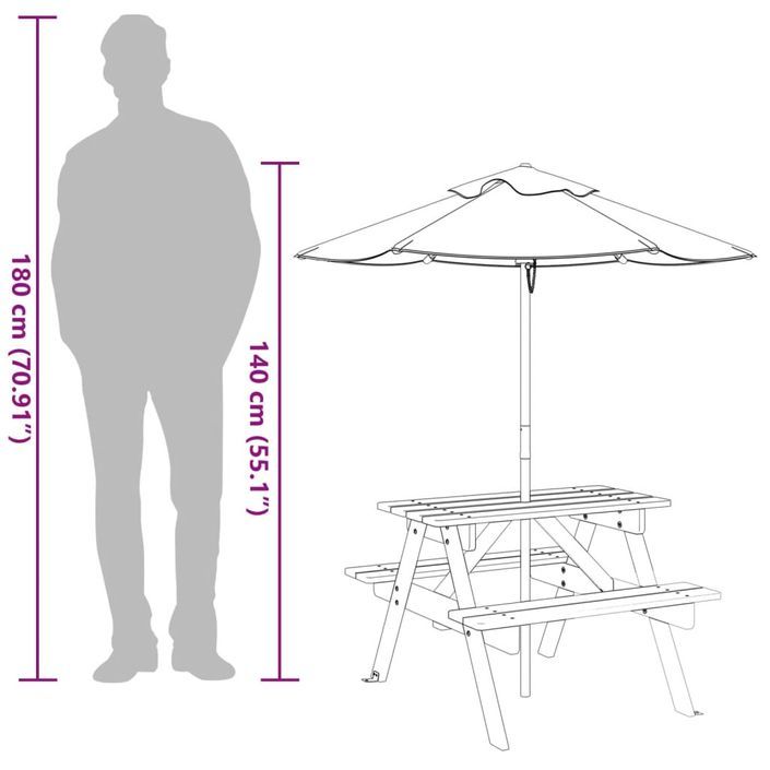 Table de pique-nique pour 4 enfants avec parasol bois de sapin - Photo n°12